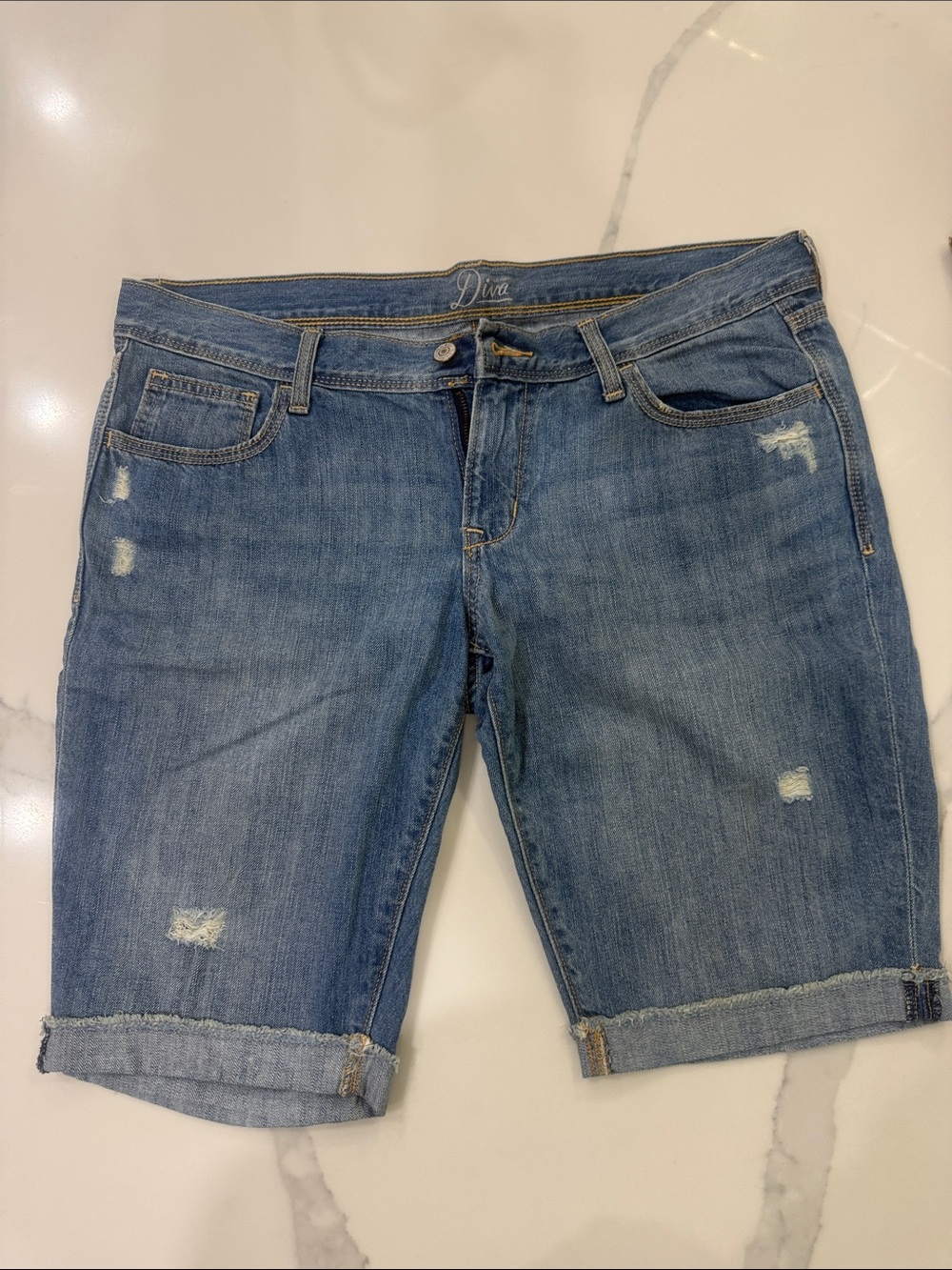 Old Navy Medium Blue Distressed Denim Bermuda Shorts with Cuff